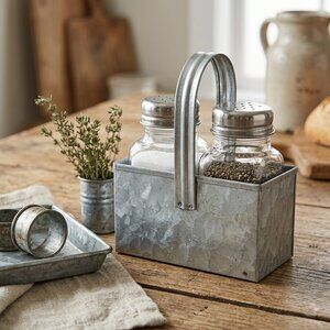Salt And Pepper Shakers In Galvanized Metal Caddy Kitchen Decoration Home Decor